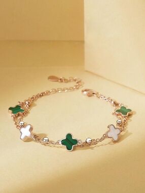 Rose Gold Double Strand Clover Stainless 925 Plate Bracelet In Green/White 🍀